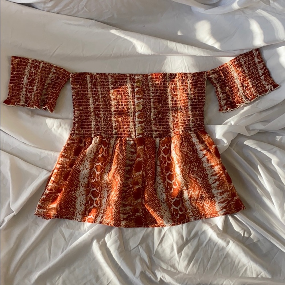 Francescas off the shoulder snakeskin shirt